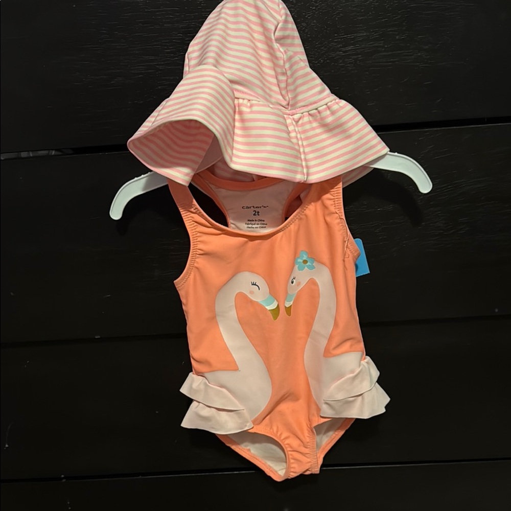 Carters Orange Swan Print Swimsuit with Hat